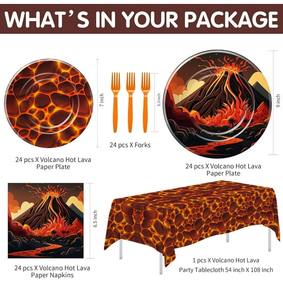 PYAN-Volcano Hot Lava Paper Plates And Napkins Decorations Tableware - Lava Volcano Birthday Party Supplies for Dragon Dinosaur Decor, Paper Plate, Napkin, Tablecloth, Fork | Serves 24