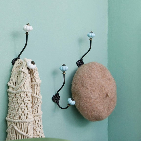 PYAN-Wall Hooks Decorative 2 Pack Hanging Rustic Vintage Pumpkin Metal Iron Ceramic Antique Mounted Wall Hook for Towels Coat Bag Scarf Cap Hat Key for Farmhouse Mudroom Closet Bathroom, Blue