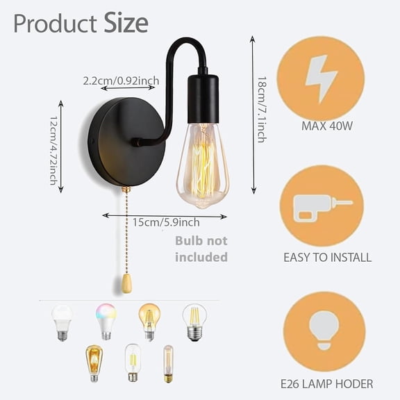 PYAN-Wall Sconces Pull String Light Fixture 1-Light Vintage Industrial Wall Lamp with Light Pull Chain, Fixture Hardwired E26 Base Wall Light Fixtures for Bedroom Hallway Bathroom, On/Off Control