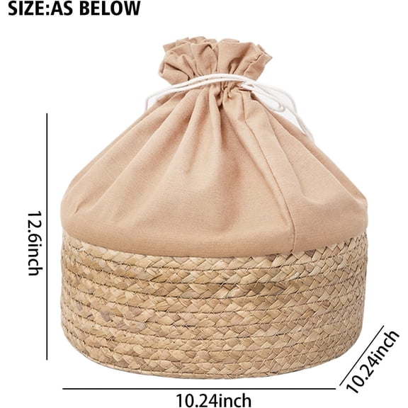 PYAN-Water Hyacinth Handwoven Storage Basket with Drawstring Lid, 10.24x10.24x12.60in Natural Round Organizer for Nursery, Closet, Shelves & Kitchen
