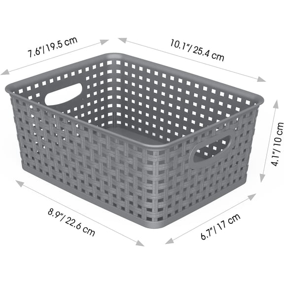 PYAN-Weave Storage Organizer Baskets, Grey 6-Pack Plastic Woven Baskets, 10.1" x 7.55" x 4.1"