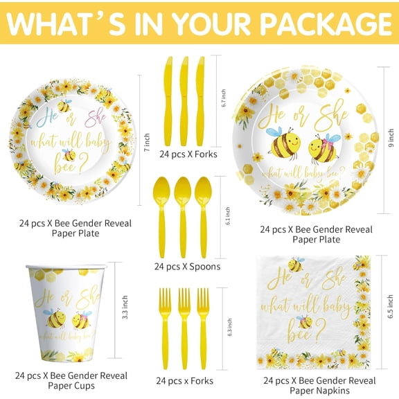 PYAN-What Will It Bee Gender Reveal Party Supplies, He Or She Bumble Bee Gender Reveal Decorations Tableware, Paper Plate, Cup, Napkin, Disposable Cutlery | Serve 24