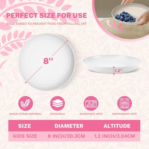 PYAN-Wheat Straw Plates, 8 Inch Dessert Plates Set of 8, Unbreakable White Round Plate - Alternative to Plastic Plates, Lightweight Microwave and Dishwasher Safe Plate Set for Camping - White