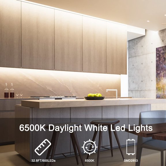 PYAN-White LED Strip, 32.8ft Dimmable LED Strip 6500K Bright Daylight White, Strong Adhesive, Flexible Tape Light for Mirror, Kitchen Cabinets, Bedroom