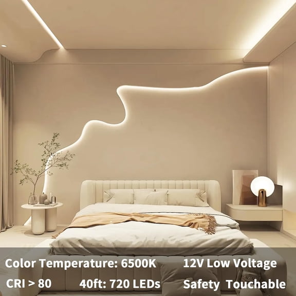 PYAN-White LED Strip Lights, 40ft Light Strip 6500K Bright Daylight White 720 LEDs Strong Adhesive Flexible Tape Lights for Mirror, Kitchen Cabinet, Bedroom, Christmas Decor