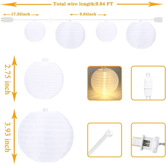 PYAN-White Lantern String Lights - Large and Small Hanging Nylon Lantern Lights Plug in for Indoor Bedroom Party Outdoor Patio Backyard Use,9.84FT
