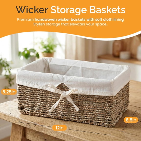 PYAN-Wicker Basket with White Lining, Seagrass Small Empty Gift Basket, Cute Wicker Basket for Gifts, Shelf or Toilet Tank Organizer