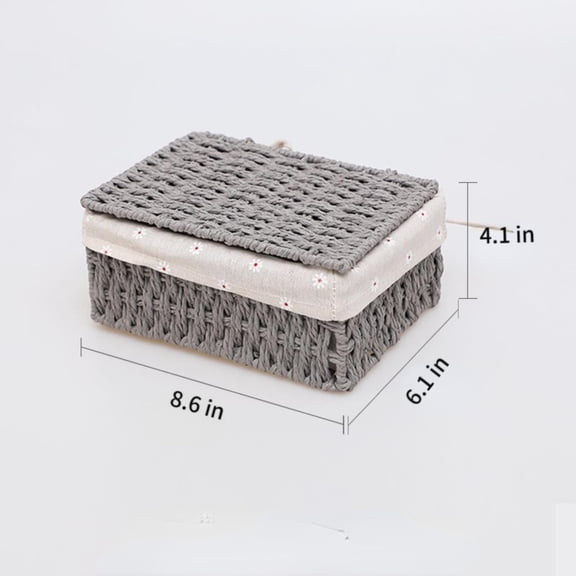 PYAN-Wicker Shelf Basket with Lid Paper Storage Baskets for Shelves Medium Storage Bin with Removable Liner Nesting Decorative Woven Basket for Makeup Closet Organizer (Medium, Grey)