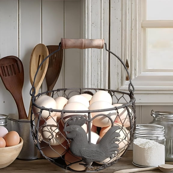PYAN-. Wire Chicken Egg Basket for Gathering Fresh Eggs,Round Metal Egg Collecting Basket with Handle for Farmhouse Countertop Storage, Rustic Rooster Kitchen Dcor Gift