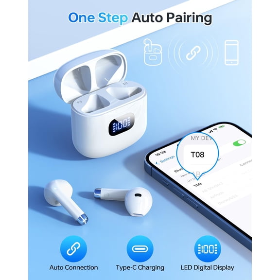 PYAN-Wireless Earbuds Bluetooth 5.3 Headphones, 40Hrs Playback Stereo Ear Buds with LED Display Charging Case IPX7 Waterproof in-Ear Earphones with Mic for Phone Tablet Laptop Sports, White