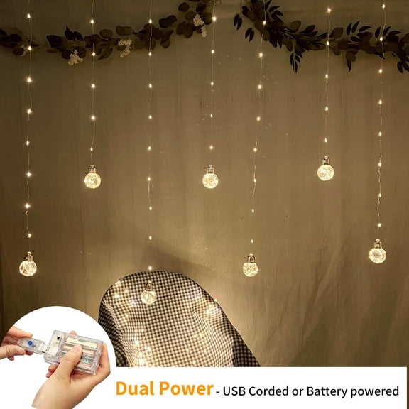 PYAN-Wishing Ball Curtain Lights 200 LED Window Curtain String Lights with Remote, USB Battery Powered Twinkle Globe Fairy Lights for Wedding Party Bedroom Christmas Decoration (Warm White)