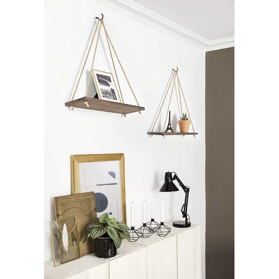 PYAN-Wood Hanging Shelves for Wall Boho Decor Swing Rope Rustic Floating Shelf, Set of 3 Wall Display Shelving Home Organizer Rack for Living Room Bedroom Bathroom Kitchen,Brown