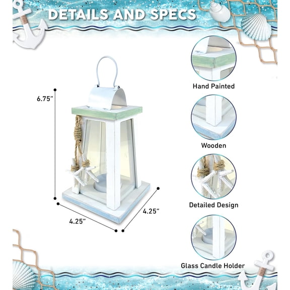 PYAN-Wooden Beach Lantern - White Wood Metal Lanterns with Starfish Rope Accents 6.75 Inch Distressed Hanging and Tabletop Rustic Candle Holder - Unique Home Decor Coastal Lamp - Item 9441-10