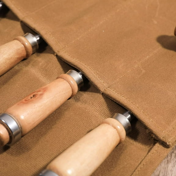 PYAN-Wrench Roll Up Organizer with 6 Pockets,Waxed Canvas Tool Pouch Bag for Chisels, Hammers, Fishing jigs, Carving Knife(Khaki)