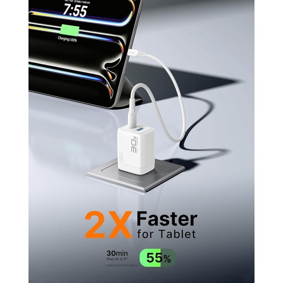 PYAN-for iPad Air Pro Charger, 30W PD QC Fast Charging, Dual Port Foldable iPad Charger with Black Cable, GaN Tech USB C Power Adapter for iPhone 17 16 Pro Max, iPad 11 Air, Kindle Samsung S25 White