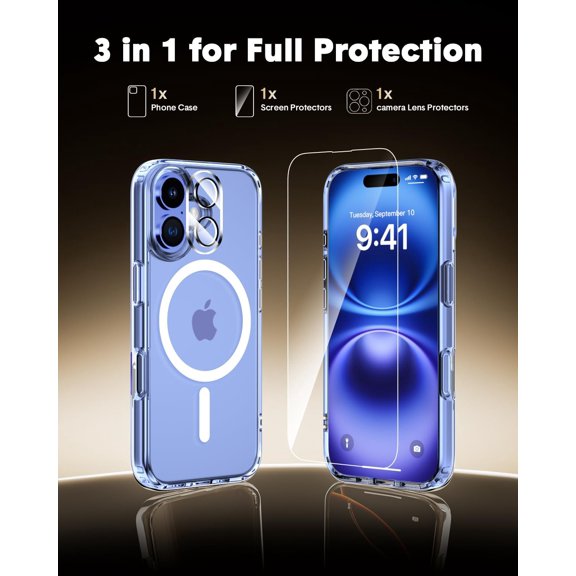 PYAN-for iPhone 16 Case,Compatible with MagSafe,Magnetic Slim Cover,Anti-Yellowing & Shockproof,Full Camera Protection,Includes Screen & Lens Protectors,Clear Protective Case