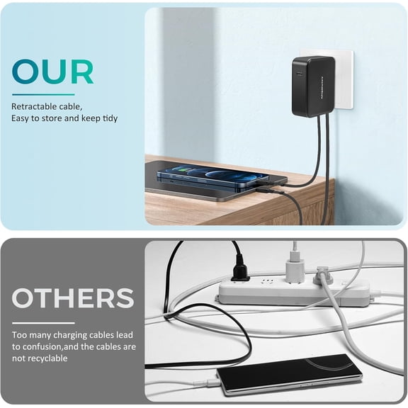 PYAN-for iPhone 16 Charger,62W Retractable Wall Charger with Dual Cables,35W USB C PD Power Adapter with Foldable Plug Fast Charging Block for iPhone 16/15/14/13,iPad, Samsung Galaxy