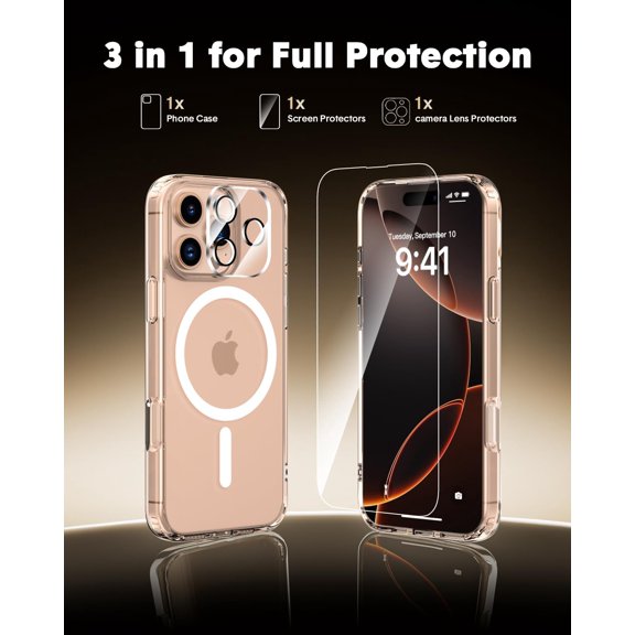 PYAN-for iPhone 16 Pro Case,Compatible with MagSafe,Magnetic Slim Cover,Anti-Yellowing & Shockproof,Full Camera Protection,Includes Screen & Lens Protectors,Clear Protective Case