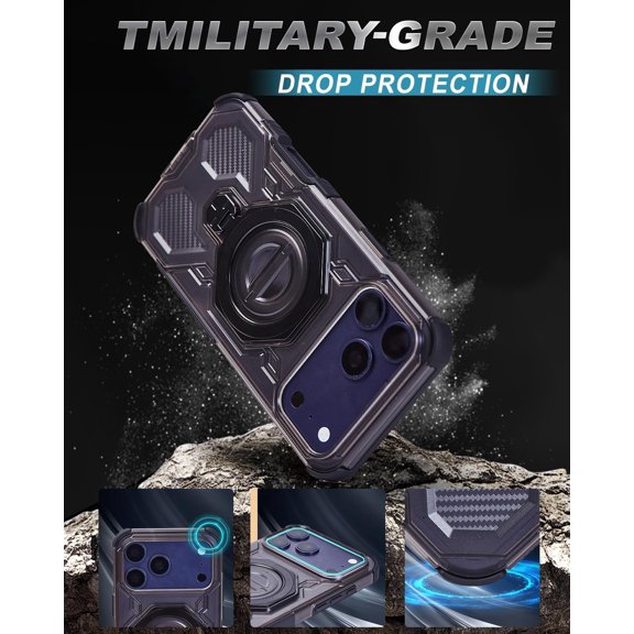 PYAN-for iPhone 17 Pro Max Case: Military Grade Drop Protection 360 Rotatable Magnetic Stand, Magsafe Compatible Translucent Frosted Phone Cover - with Screen Protector,Black