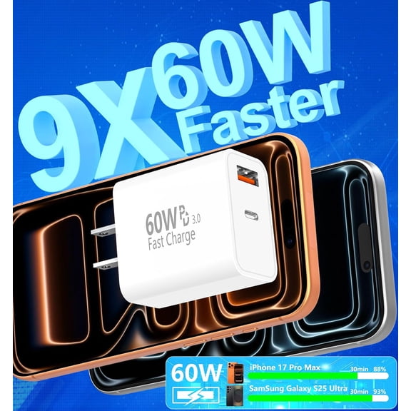 PYAN-iPhone 17 Charger Fast Charging, 60W GaN USB-C & USB-A Wall Charger Block with 2 USB C to USB C Cable 6ft, Compatible with iPhone 17/Air/16/15/Pro Max/iPad/Samsung