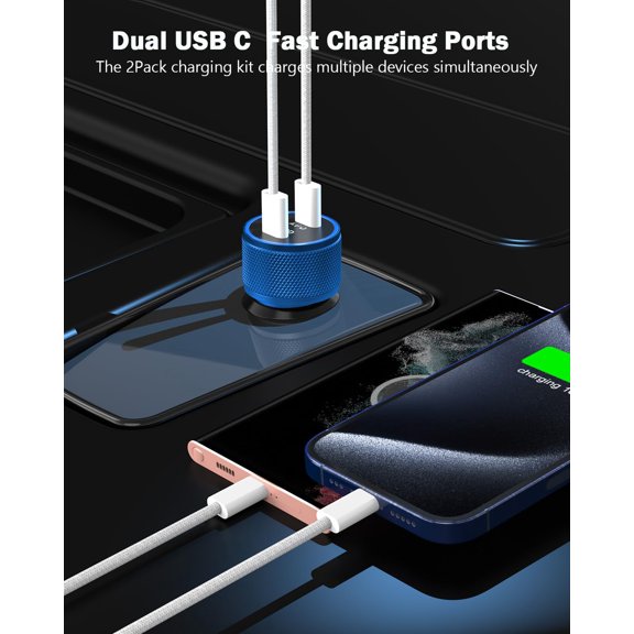 PYAN-iPhone Car Charger Fast Charging,iPhone 16 Car Charger 2PACK Dual USB C PD3.0 Port CarCharging Adapter and USB C to C Braided Nylon Charging Cable Compatible with iPhone 16/16 Pro Max/15/iPadBl