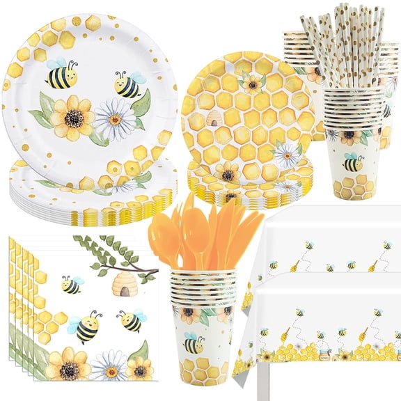 PYCALOW Bee Tableware - Bumble Bee Themed Party Supplies Include Plates, Cup, Napkin, Cutlery, Tablecloth, Straws, Gender Reveal Baby Shower Birthday Party Decorations | Serve 24 Y114