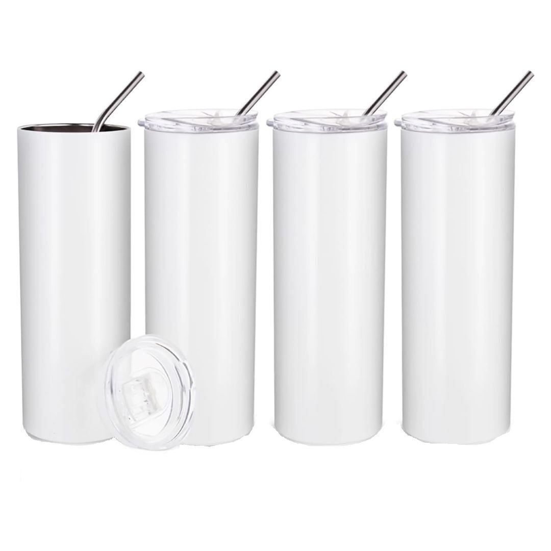 20 oz White Stainless Steel Sublimation Tumblers with Metal Straw (4-Pack)