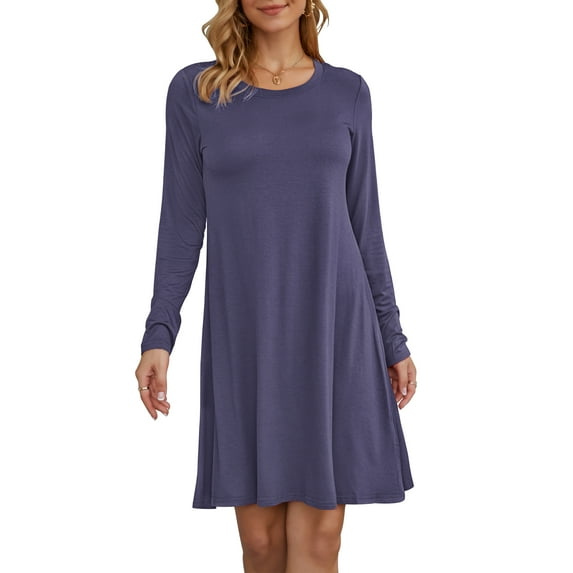 PYGFEMR Women's Long Sleeve Shirt Casual Loose Swing Dress, Purple Gray,2XL