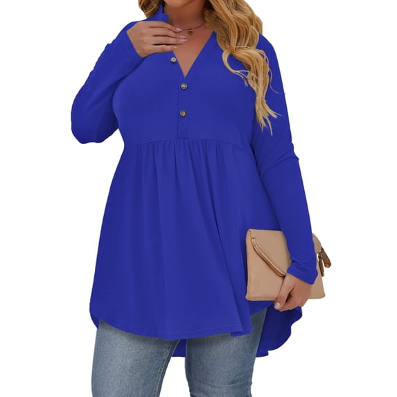 PYGFEMR Women's Plus Size Henley Shirts V Neck Button Tunic Tops Long Sleeve Tunics