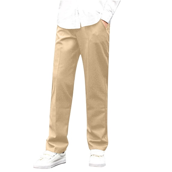 PYGNJK Boys Dress Pants Kids Uniform Pants Elastic Waist Straight Leg Pants Teens Loose Trousers With Pockets