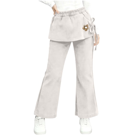 PYGNJK Girl's Corduroy Flare Pants Elastic High Waist Winter Fall Skirt Overlay Flower Decor Bootcut Cute Casual Pants