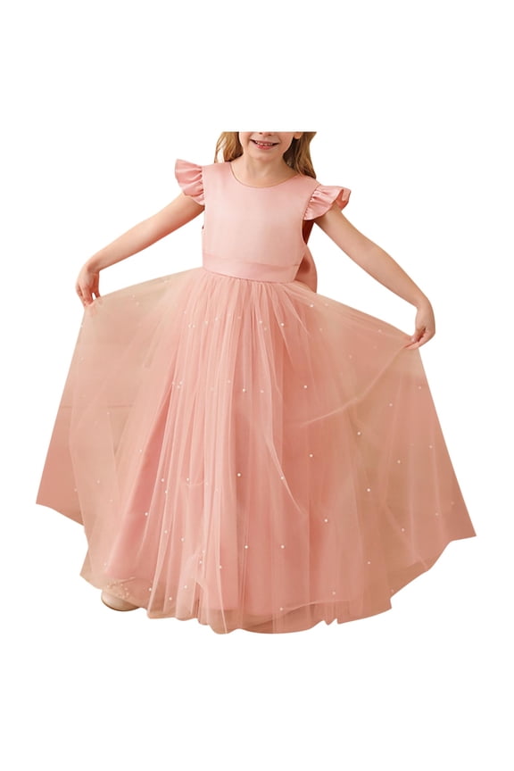 Girls Tulle Ball Dress Ruffle Sleeve Pearl Embellished Formal Princess Puffy Gown