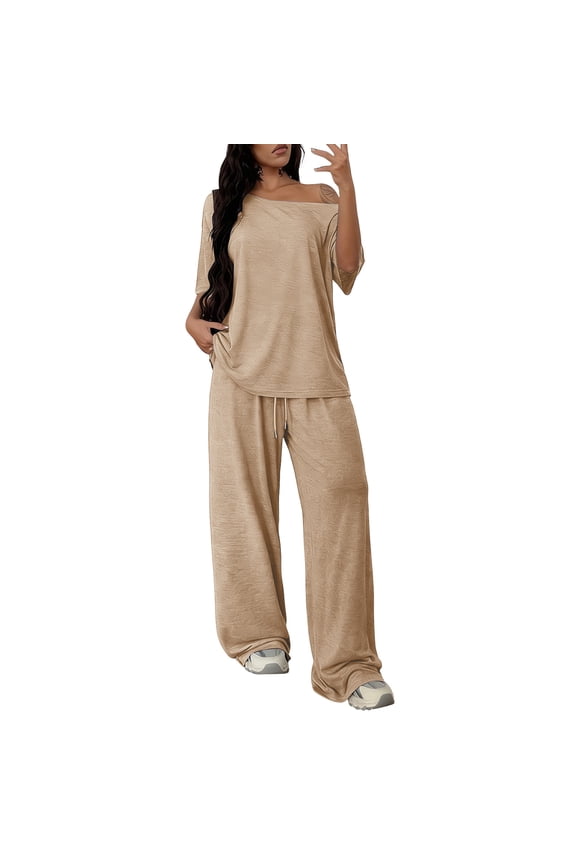 Lounge Sets For Women Off Shoulder Short Sleeve Tops Long Pants 2 Piece Set Summer Soft Matching Outfit