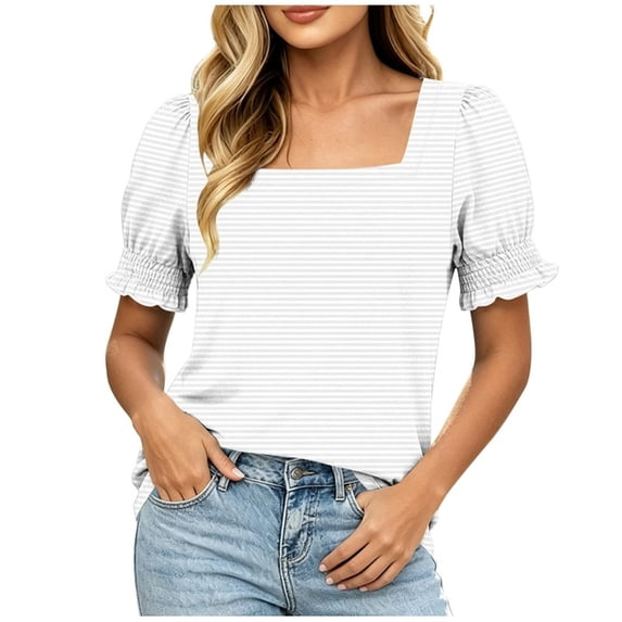 PYGNJK Tops for Women Summer Striped Casual Ruffle Trim Short Sleeve Square Neck T Shirts Blouse Trendy Clothes