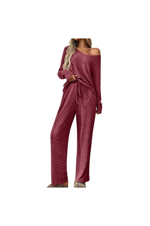Women's 2 Piece Outfits Lounge Sets Off Shoulder Knit Top Pants Matching Suits Loose Pajama Lounge Set