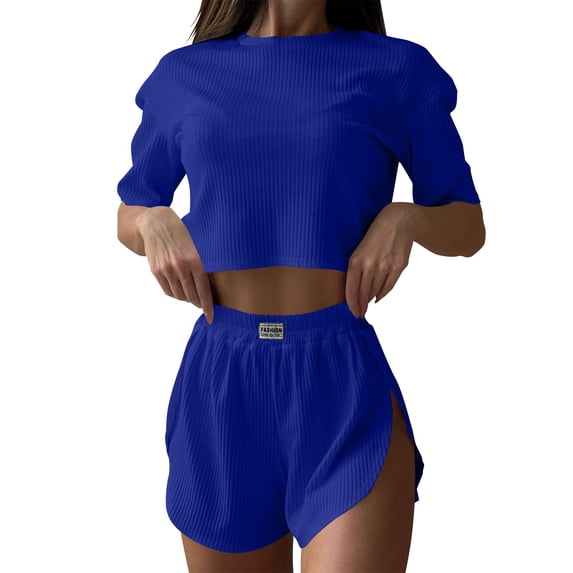 PYGNJK Women's 2 Piece Shorts Sets Outfits Summer Matching Lounge Set Casual Short Sleeve Tops Side Slit Shorts Pajama Set
