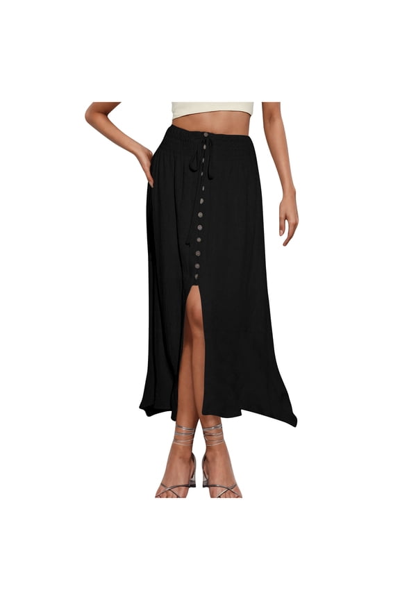 Women's Button Down Maxi Skirts Elastic Tie Waist Half Skirt Casual Loose Flowy Swing Slit Front Dress