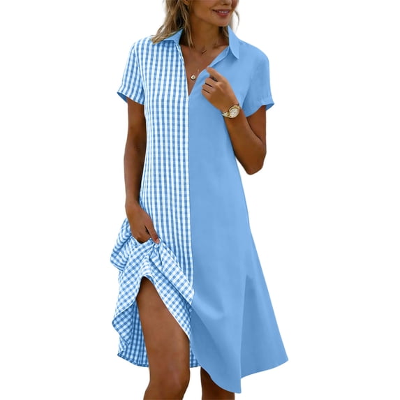 PYGNJK Women's Color Block Shirt Dress Short Sleeve Button Down Half Striped Casual Midi Dress With High Low Hem