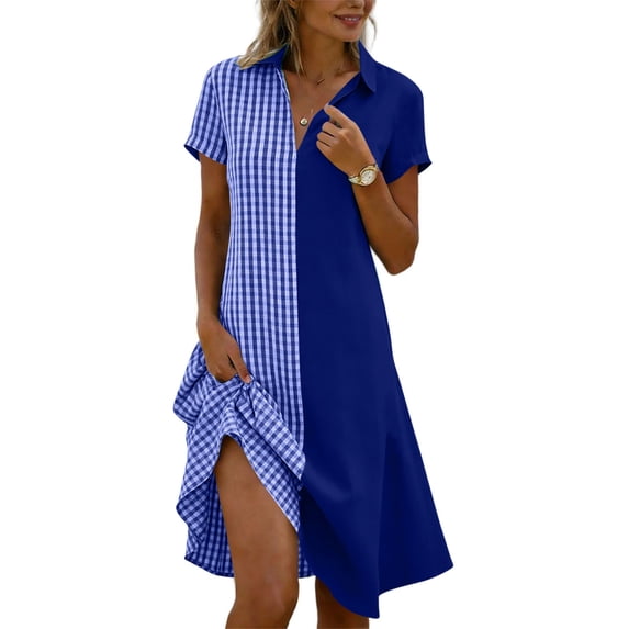 PYGNJK Women's Color Block Shirt Dress Short Sleeve Button Down Half Striped Casual Midi Dress With High Low Hem