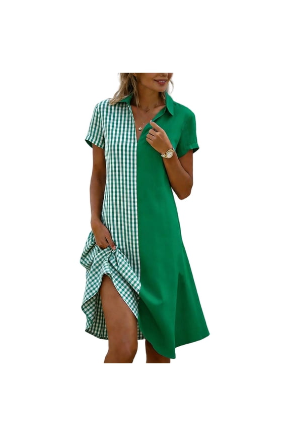 Women's Color Block Shirt Dress Short Sleeve Button Down Half Striped Casual Midi Dress With High Low Hem