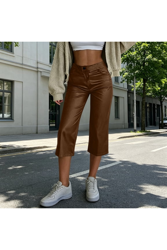 Women's Cropped Capri Pants Faux Leather Slim Straight Leg Shiny Casual Short Trousers Streetwear