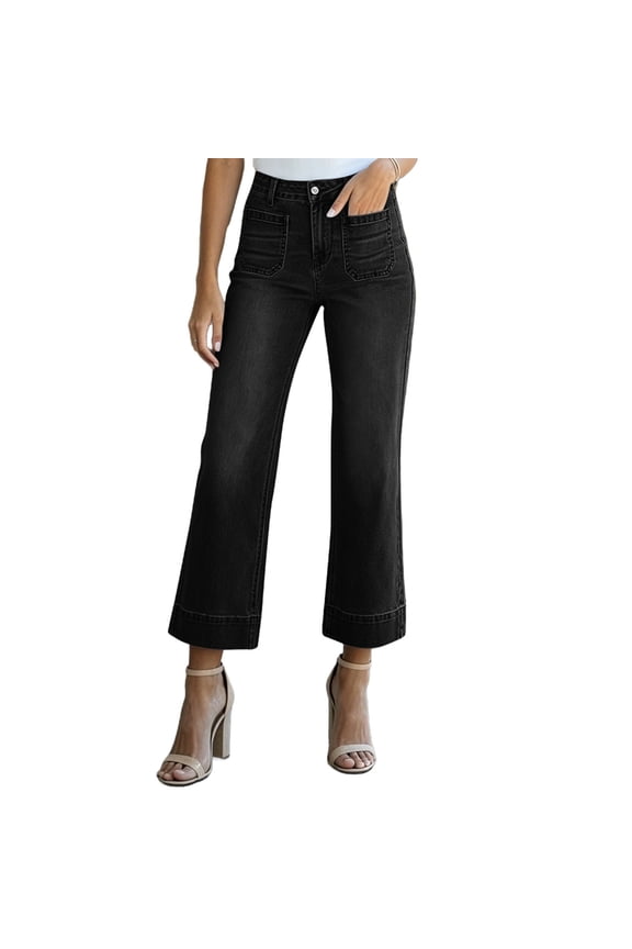 Women's Cropped Flare Jeans High Waist Front Patch Pocket Stretch Slim Fit Denim Capri Bell Bottom Pants