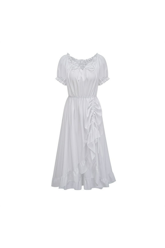 Women's Off Shoulder Midi Dress Drawstring Short Sleeve Ruched Side Ruffle Hem Cocktail Party Dress