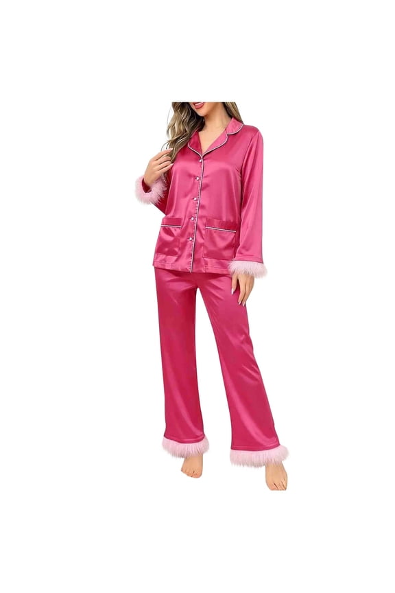 Women's Pajama Set Button Down Shirt Pants Feather Trim Lounge Two Piece Sets Elegant Sleepwear Outfit With Pockets