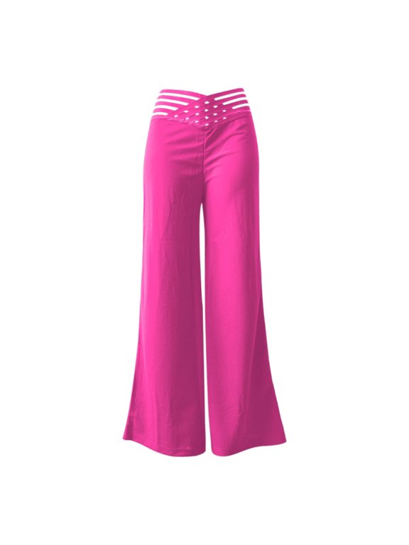 Women's Striped Flared Pants Cross High Waist Stretch Loose Fit Casual Dance Bell Bottom Workout Trousers