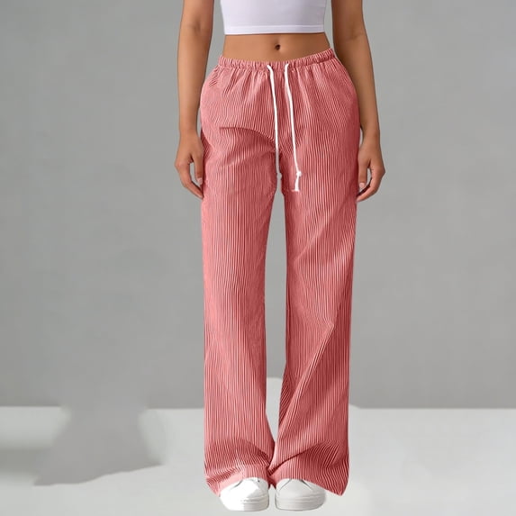 PYGNJK Women's Striped Wide Leg Pants Linen Elastic Waist Drawstring Trousers With Pockets Summer Casual Beach Pants