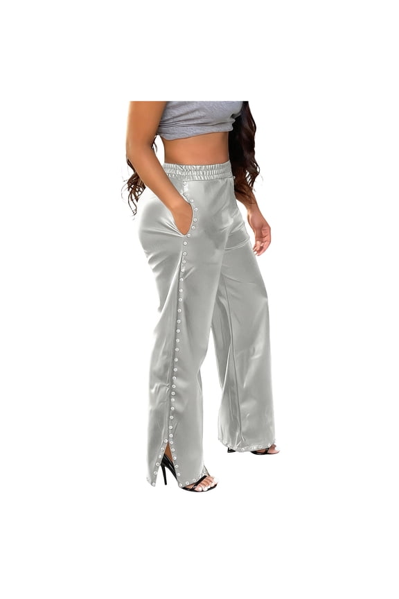 Women's Wide Leg Pants Side Slit Elastic Waist Pearl Studded Loose Fit Nightclub Party Pants