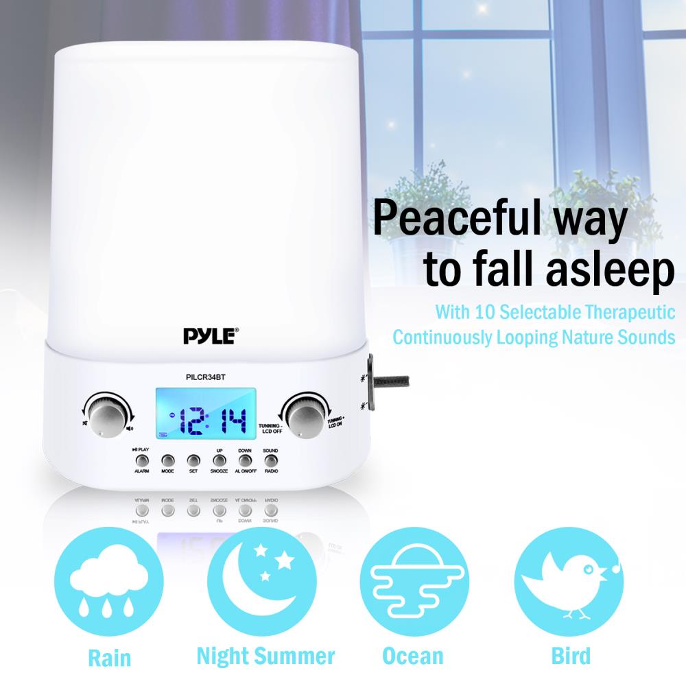 PYLE PILCR34BT Therapy Sound Machine Clock Radio with Bluetooth, FM Radio LED Night Light with