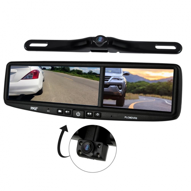 PYLE PLCMDVR8 - Rearview Mirror Backup Camera - Parking Monitor, Video Recording Driving System, HD 1080p, Image Capture, and Waterproof Night Vision Cam, with Distance Scale Lines - image 1 of 10