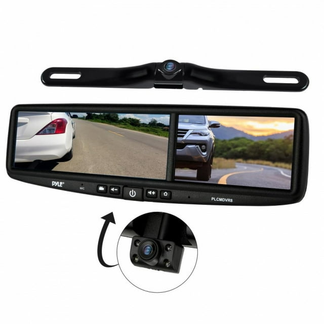 PYLE PLCMDVR8 - Rearview Mirror Backup Camera - Parking Monitor, Video Recording Driving System, HD 1080p, Image Capture, and Waterproof Night Vision Cam, with Distance Scale Lines